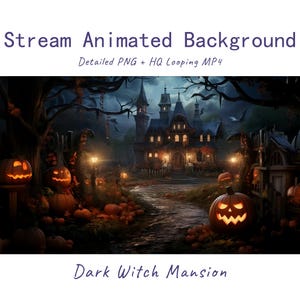 Puede incluir: Stream Animated Background Detailed PNG + HQ Looping MP4 Dark Witch Mansion. Una ilustración digital de una mansión oscura de varios pisos por la noche, rodeada de calabazas brillantes, árboles desnudos y un camino que conduce a la entrada.