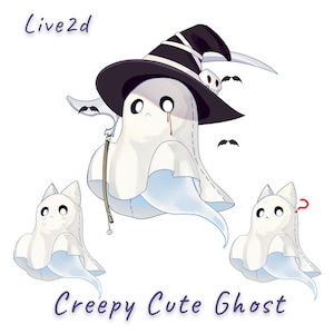Peut inclure: Une illustration numérique montrant trois fantômes blancs avec des oreilles de chat. Le fantôme central porte un chapeau de sorcière noir avec un crâne et tient une faux. Le texte indique Live2d et Creepy Cute Ghost. Des chauves-souris entourent.