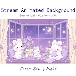 Pode incluir: Uma ilustração digital intitulada Stream Animated Background e Purple Bunny Night com dois coelhinhos brancos sentados no parapeito de uma janela à noite. A cena inclui cortinas roxas, um céu estrelado, estrelas penduradas, um buquê e um donut.