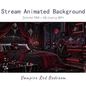 Peut inclure: Stream Animated Background Detailed PNG + HQ Looping MP4 Vampire Red Bedroom. Une chambre sombre avec un lit noir, des rideaux rouges, des décorations en forme de crâne et un espace de jeu avec un éclairage rouge. Une grande fenêtre montre une lune rouge.