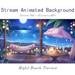 Może przedstawiać: Stream Animated Background Detailed PNG + HQ Looping MP4 Night Beach Terrace. Cyfrowa ilustracja drewnianego tarasu w nocy z widokiem na oświetlony księżycem ocean, hamakiem, parasolem w kształcie delfina oraz stołem z owocami.