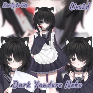 Puede incluir: Una ilustración digital de un personaje con cabello negro, orejas de gato y gafas, vistiendo un uniforme de marinero oscuro con un delantal blanco. El personaje sostiene un cuchillo con manchas rojas. Texto: Ready to Use, Live2d y Dark Yandere Neko.