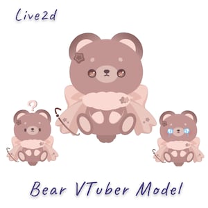 May include: A digital illustration of a brown bear character with a light pink scarf and star accents. The image displays three variations of the bear: one neutral, one with a question mark, and one with blue tears. Text reads Live2d Bear VTuber Model.