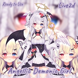 May include: A Live2D character model titled Angellic Demonic Girl featuring white hair, heterochromia eyes, and a black and white dress. The character has angel wings, a halo, and bat wings, holding a gold staff with red rose accents.