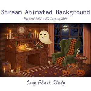 以下が含まれることがあります： 「Stream Animated Background, Cozy Ghost Study」と題されたデジタルイラスト。本、キャンドル、ジャック・オー・ランタンが置かれた木製の机、チェック柄のブランケットが掛けられた緑色の肘掛け椅子、幽霊、そしてカボチャが夜の窓がある部屋に描かれています。
