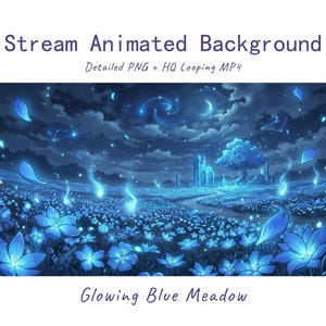 Puede incluir: Stream Animated Background Detailed PNG + HQ Looping MP4 Glowing Blue Meadow. Una ilustración digital de un paisaje nocturno con un campo de flores azules brillantes, partículas de luz flotantes, un árbol distante y un cielo estrellado.