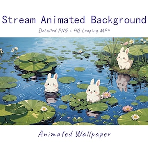 May include: Stream Animated Background Detailed PNG + HQ Looping MP4. An illustration of three white rabbits in a blue pond with green lily pads and pink and white water lilies. The text Animated Wallpaper is at the bottom of the image.