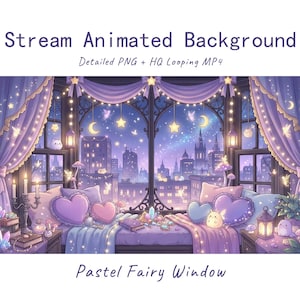 Pode incluir: Uma ilustração digital intitulada Stream Animated Background e Pastel Fairy Window, mostrando um quarto em tons de roxo com uma grande janela com vista para uma cidade à noite, decorado com almofadas em forma de coração, luzes e cristais.