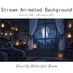Può includere: Una scena di camera da letto animata con vista dalla finestra su un cimitero con un fantasma, tende bianche, un letto con lenzuola a tema fantasmi, luci, zucche, candele e scaffali. Testo: Stream Animated Background, Detailed PNG + HQ Looping MP4, Ghostly Midnight Room.