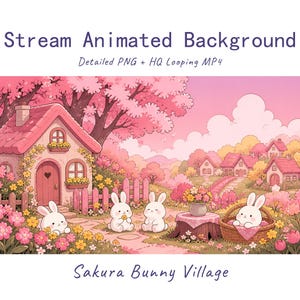 Puede incluir: Stream Animated Background Detailed PNG + HQ Looping MP4 Sakura Bunny Village. Una ilustración en tonos rosas de una cabaña con una puerta en forma de corazón, rodeada de cerezos en flor, flores y cuatro conejos blancos en un jardín.