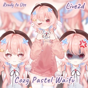 May include: A digital illustration of an anime character with pink hair, wearing a peach cable-knit sweater and a dark beret. The character is shown in three expressions: winking with a heart gesture, neutral, and angry. Text reads Ready to Use, Live2d, and Cozy Pastel Waifu.