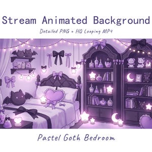 Op de afbeelding: Een digitale illustratie van een slaapkamer in paarse tinten met een bed, een hartvormig kussen, twee hoge boekenkasten vol toverdrankflesjes en boeken, lichtsnoeren en vleermuisdecoratie. Tekst: Stream Animated Background.