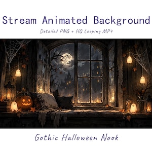 Może przedstawiać: Stream Animated Background Detailed PNG + HQ Looping MP4 Gothic Halloween Nook. Widok z okna na ciemny zamek w świetle pełni księżyca, z wiszącymi świecącymi duszkami, wydrążoną dynią, świecami i pajęczynami na parapecie.