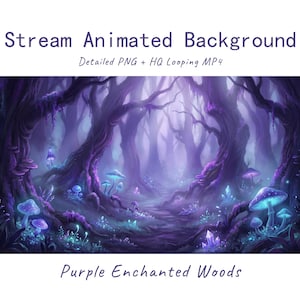 Pode incluir: Uma ilustração digital intitulada Stream Animated Background, Detailed PNG + HQ Looping MP4, Purple Enchanted Woods. A cena mostra uma floresta escura com árvores roxas, cogumelos azuis e roxos brilhantes e cristais no chão.