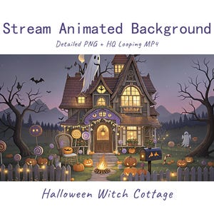 May include: An animated Halloween witch cottage scene featuring a house with glowing windows, a campfire, pumpkins, lollipops, and ghosts. The text reads Stream Animated Background, Detailed PNG + HQ Looping MP4, and Halloween Witch Cottage.