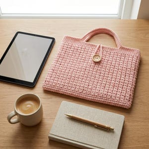 Puede incluir: Una funda de ganchillo de color rosa claro para portátil con un patrón de rejilla texturizado, un asa superior y un cierre de botón de madera redondo. La funda está junto a una tableta negra, una taza de cerámica beige con café y un cuaderno.