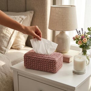 Op de afbeelding: Een rechthoekige tissueboxhoes met een oudroze gehaakte textuur en een dicht geweven patroon. De hoes is ontworpen om over een standaard tissuebox te passen, waarbij een wit tissue door de opening aan de bovenkant naar buiten wordt getrokken.