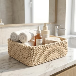 Pode incluir: Uma cesta retangular trançada bege contendo duas toalhas brancas enroladas, uma pilha de discos de algodão brancos, um frasco de vidro marrom com o rótulo Aura Skincare Botanical Serum e um frasco de plástico bege com o rótulo Luna Cream.