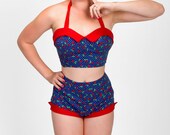 2 Piece Picnic Playsuit in Blue w Tiny Cherries Dots XS-XL