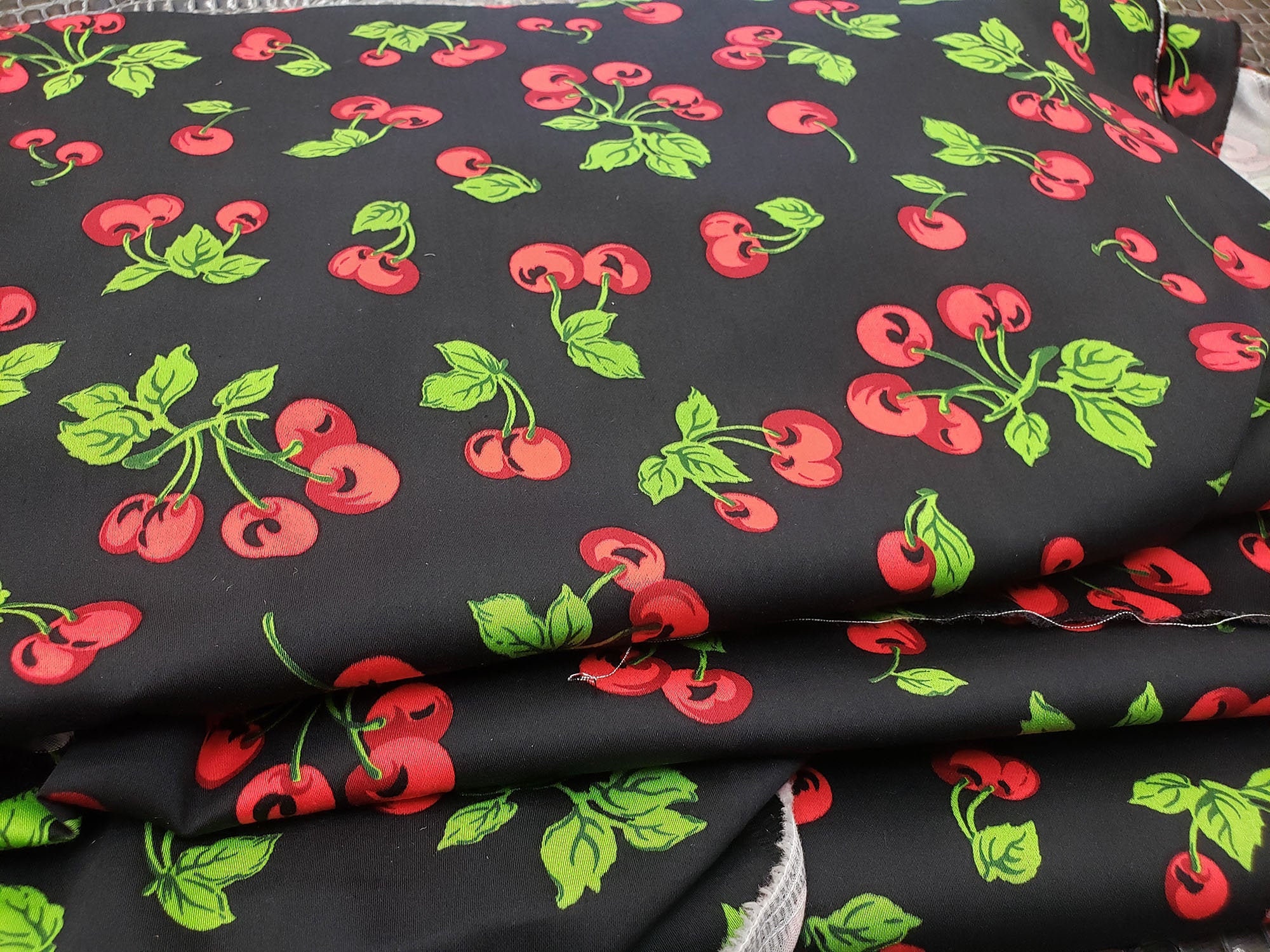 Black W/cherries Stretch Woven Cotton Spandex Poplin Fabric | Etsy