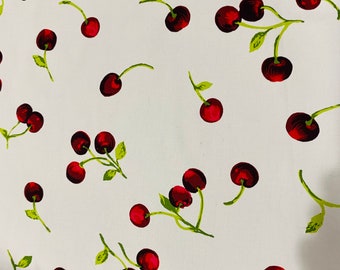 White w/Cherries Stretch Woven Cotton Spandex Poplin Fabric