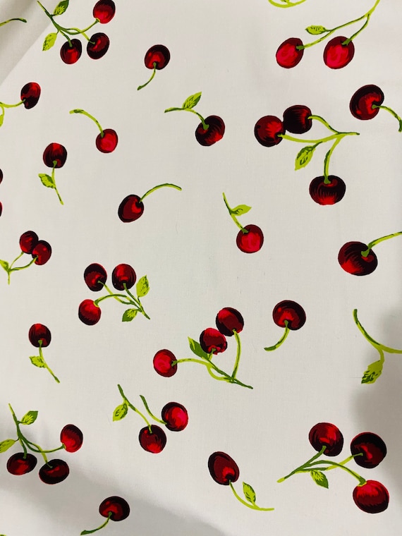 White W/cherries Stretch Woven Cotton Spandex Poplin Fabric - Etsy