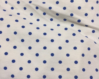 White w/Blue Polka Dot Stretch knit Cotton Lycra Fabric