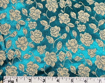Teal and Cream Stretch Satin Brocade Woven Fabric