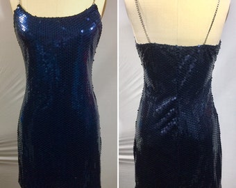 Designer Sample Royal Blue Sequin Slip Dress with Rhinestone Straps p