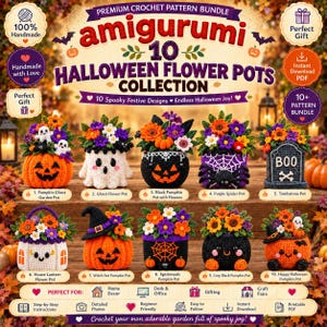 Może przedstawiać: Cyfrowa reklama zestawu wzorów szydełkowych premium zawierająca 10 doniczek na Halloween. Obraz przedstawia 10 szydełkowanych przedmiotów, w tym dynie, duszki, pająka, nagrobek i dom, ozdobionych kolorowymi kwiatami.