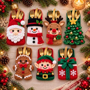Può includere: Sette portaposate all'uncinetto con disegni natalizi tra cui Babbo Natale, pupazzo di neve, renna, albero di Natale, omino di pan di zenzero, elfo e pacco regalo, ognuno contenente un set di forchetta, coltello e cucchiaio dorati.