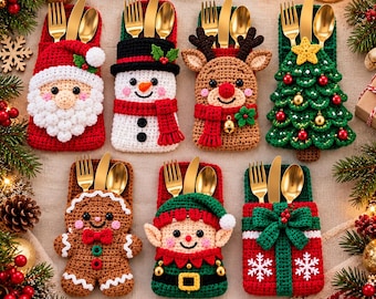 May include: Seven crochet cutlery holders featuring Christmas designs including a Santa Claus, snowman, reindeer, Christmas tree, gingerbread person, elf, and a gift box, each containing a gold-colored fork, knife, and spoon set.