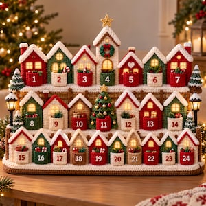 May include: A three-tiered crochet advent calendar featuring twenty-four small houses with illuminated windows, numbered pockets, and festive decorations. The structure includes a central Christmas tree, two black street lamps, and a star topper.
