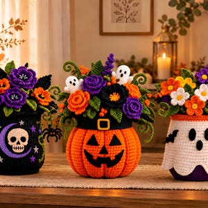 May include: Three crocheted Halloween-themed containers holding floral arrangements. The left is a black pot with a skull and crescent moon. The center is an orange pumpkin with a witch hat. The right is a white ghost with black eyes and mouth.