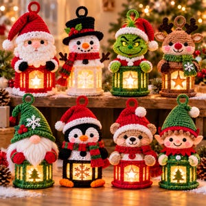 May include: Eight crocheted Christmas character ornaments, each sitting atop a small lantern. Characters include Santa, a snowman, a green creature, a reindeer, a gnome, a penguin, a bear, and an elf, all featuring festive hats and scarves.