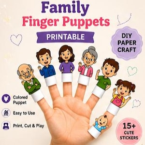 Utskrivbara familjefingerdockor | Gör-det-själv-papperspyssel | Barnpysselaktivitet | Färglagt och svartvitt | Direkt digital nedladdning