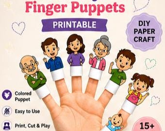 Marionetas de dedo familiares para imprimir / Manualidades de papel / Actividad para niños / A color y en blanco y negro / Descarga digital instantánea