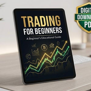 May include: A digital tablet displaying a black cover titled TRADING FOR BEGINNERS A Beginner's Educational Guide with gold text and a green and yellow line graph showing financial trends. A gold shield badge reads DIGITAL DOWNLOAD PDF.