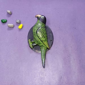May include: A parrot-shaped wall hook featuring a green body with detailed feather textures, a black head, and a metallic beak. The bird is mounted on a circular black base with a visible screw hole, designed for hanging items on a wall surface.