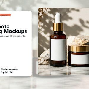 May include: A brown glass dropper bottle and a matching jar with gold lids and blank white labels. The text reads: Product Photo Advertising Mockups, Realistic product scenes that make offers easier to understand, Styled scenes, Ad-ready crops, Product placement, Clean exports.
