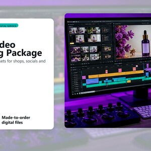 May include: A digital service listing for a Product Video Advertising Package. The text includes: MARKETGLOWWORKS, CUSTOM DIGITAL SERVICE, Product Video Advertising Package, Short-form product ad assets for shops, socials and launches, Video direction, Ad storyboards, Scene planning, Export guidance, AU$179+, and Made-to-order digital files. A computer monitor displays video editing software with a purple-toned interface.