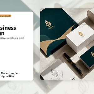 May include: A custom business logo design service display featuring a white card with black text, a dark teal and gold logo, and a stack of business cards. The text reads Custom Business Logo Design, Brand-ready files for Etsy, eBay, webstores, print and social use.