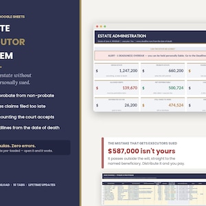 Estate Executor Spreadsheet, Probate Checklist & Estate Administration Organizer, Beneficiary, Asset Tracker, Google Sheets Excel