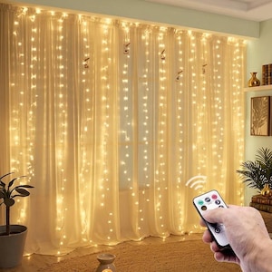 Fairy Curtain Lights 6.6FT x 6.6FT, Warm White USB Plug In String Lights with Remote, 8 Modes for Bedroom, Wedding, Party & Christmas Decor