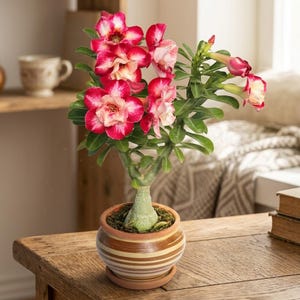 Puede incluir: Una planta rosa del desierto con un caudex bulboso grueso y hojas verdes, con múltiples flores de pétalos dobles en tonos magenta vibrante, rosa y blanco. La planta está en una maceta de cerámica redonda con rayas marrones y beige.