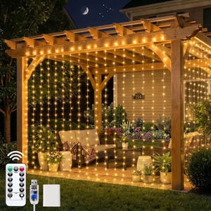 May include: A curtain of warm white LED string lights hanging from a wooden pergola, creating a glowing backdrop. The set includes a remote control with multiple settings, a USB connector, and a power adapter for outdoor illumination.