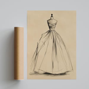 May include: A charcoal pencil sketch on tan paper depicting a strapless ball gown on a dress form. The drawing features a fitted bodice with horizontal lines and a full, floor-length skirt with loose, flowing lines indicating fabric folds.