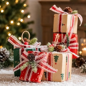 Rustic Christmas Gift Boxes with Ribbons Pinecones, Vintage Holiday Wrapping Set, Festive Presents Box for Christmas Party & Xmas Gifts