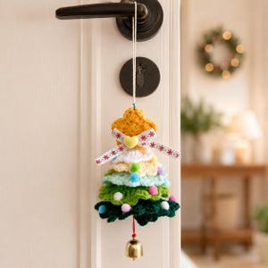 Handmade Crochet Christmas Tree Ornament, Colorful Door Knob Hanging Decor with Bell, Cute Holiday Tree Decoration, Secret Santa Gift