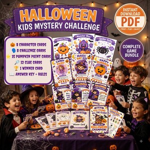 以下が含まれることがあります： ハロウィン・キッズ・ミステリー・チャレンジのゲームセット。キャラクターカード8枚、チャレンジカード8枚、パンプキンポイントカード15枚、ヒントカード12枚、勝者カード1枚、回答キーとルールが含まれています。カラフルなイラストが描かれたカードが多数並んでいます。